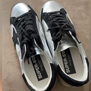 Golden Goose Womens Super Star Sneaker in Silver Leather